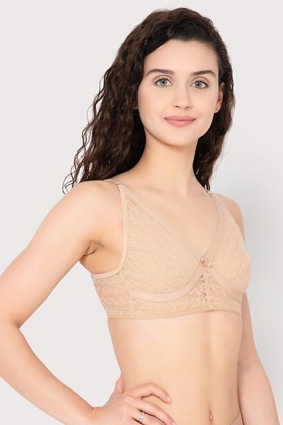 Buy Non-Padded Non Wired Full Figure Bra in Nude - Cotton & Lace